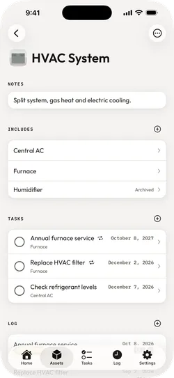 An asset detail screen for an HVAC system, listing the central AC, furnace and an archived humidifier underneath it, then its upcoming tasks.