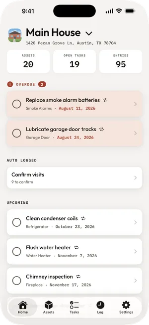 The Logis home screen, showing two overdue tasks, nine provider visits waiting to be confirmed, and what is coming up.