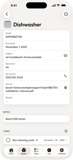 A dishwasher's custom fields: model number, purchase date, a support address, noise level, a service line and a link to the installation manual.