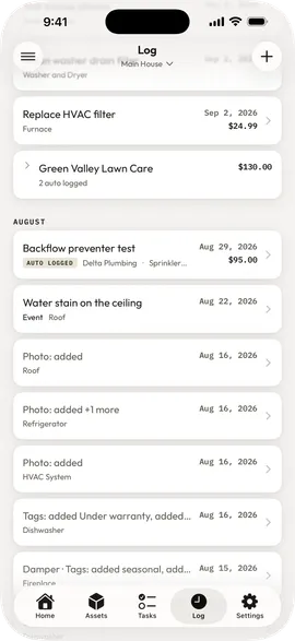 The Log, with entries grouped by month, each showing its asset, its date and any cost.